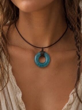 Upcycled Blue Glass Circle Pendant Boho Necklace